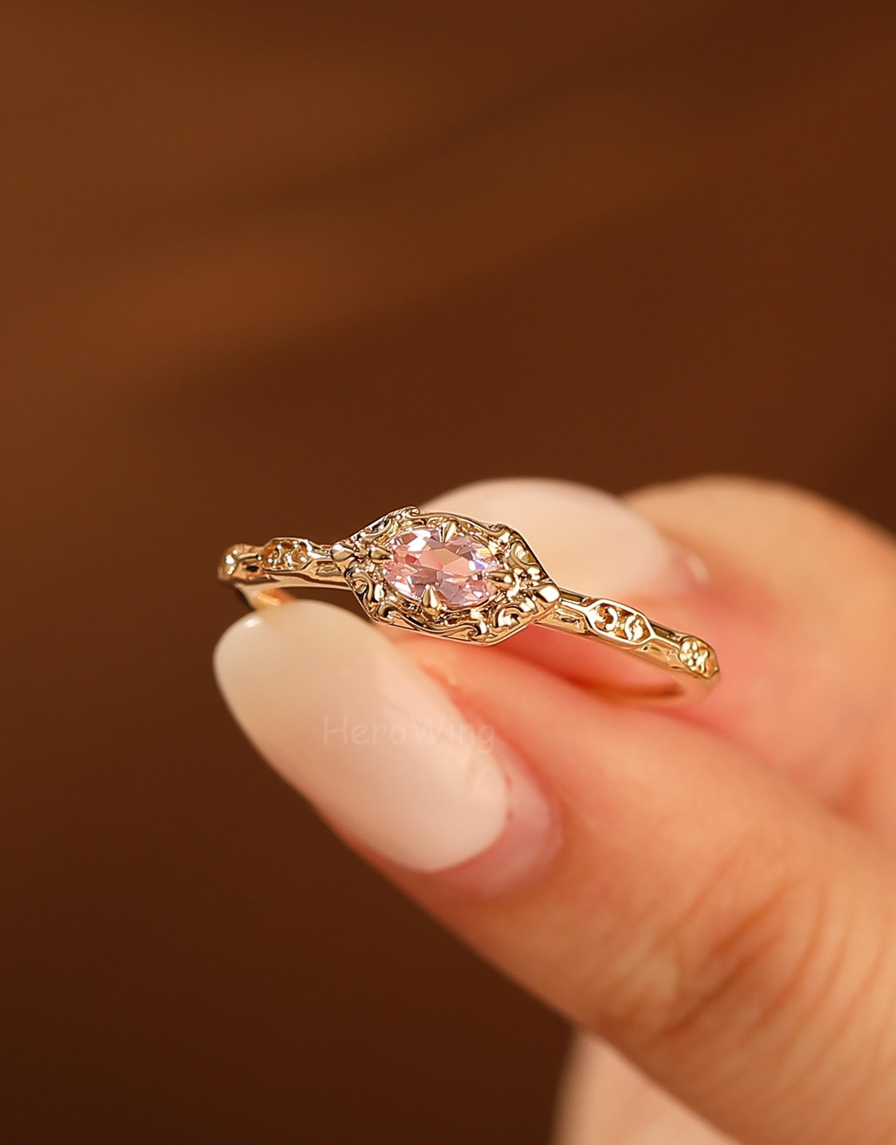 Handamde Oval Cut Pink Sapphire Wedding Promise Ring Solid Rose Gold 10K/14K Gold Ring Jewelry Antique Pink Sapphire Anniversary Gift Lover