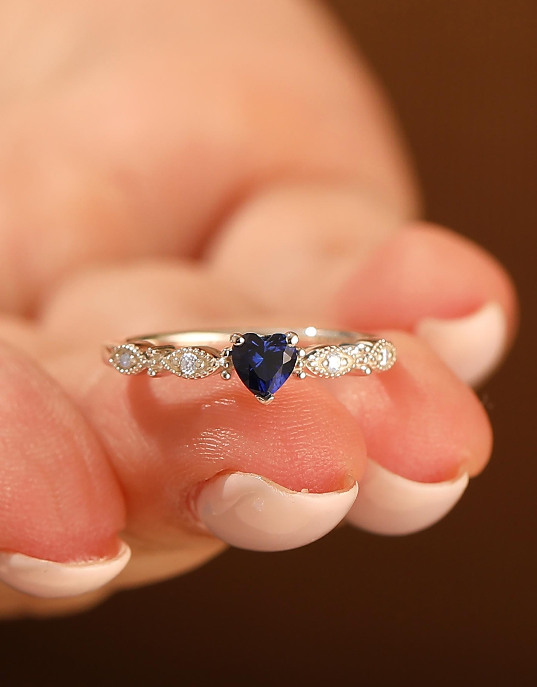 September Rings Hearted Shaped September Birthstone Sapphire Promise Ring Rose Gold ...