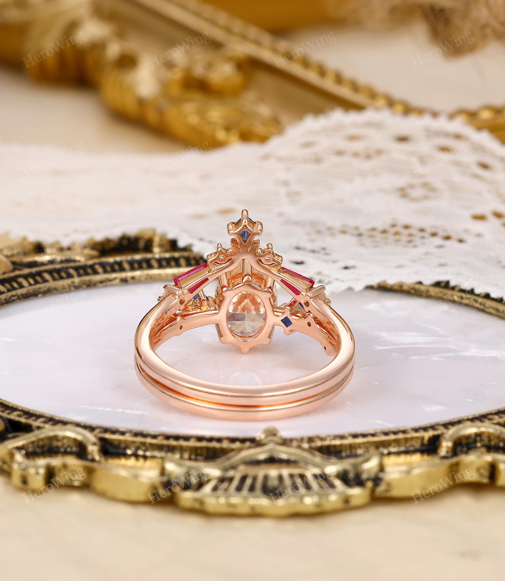 Conjuntos de anillos de boda con tiara y rubí, elegantes conjuntos