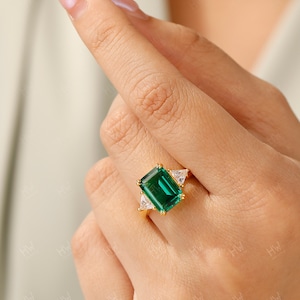 14K Solid Gold Emerald Ring,- Dainty Ladies&#39; Ring Jewelry- Green Emerald Gemstone Birthstone Wedding Engagement Ring Art Deco- Gift For Her
