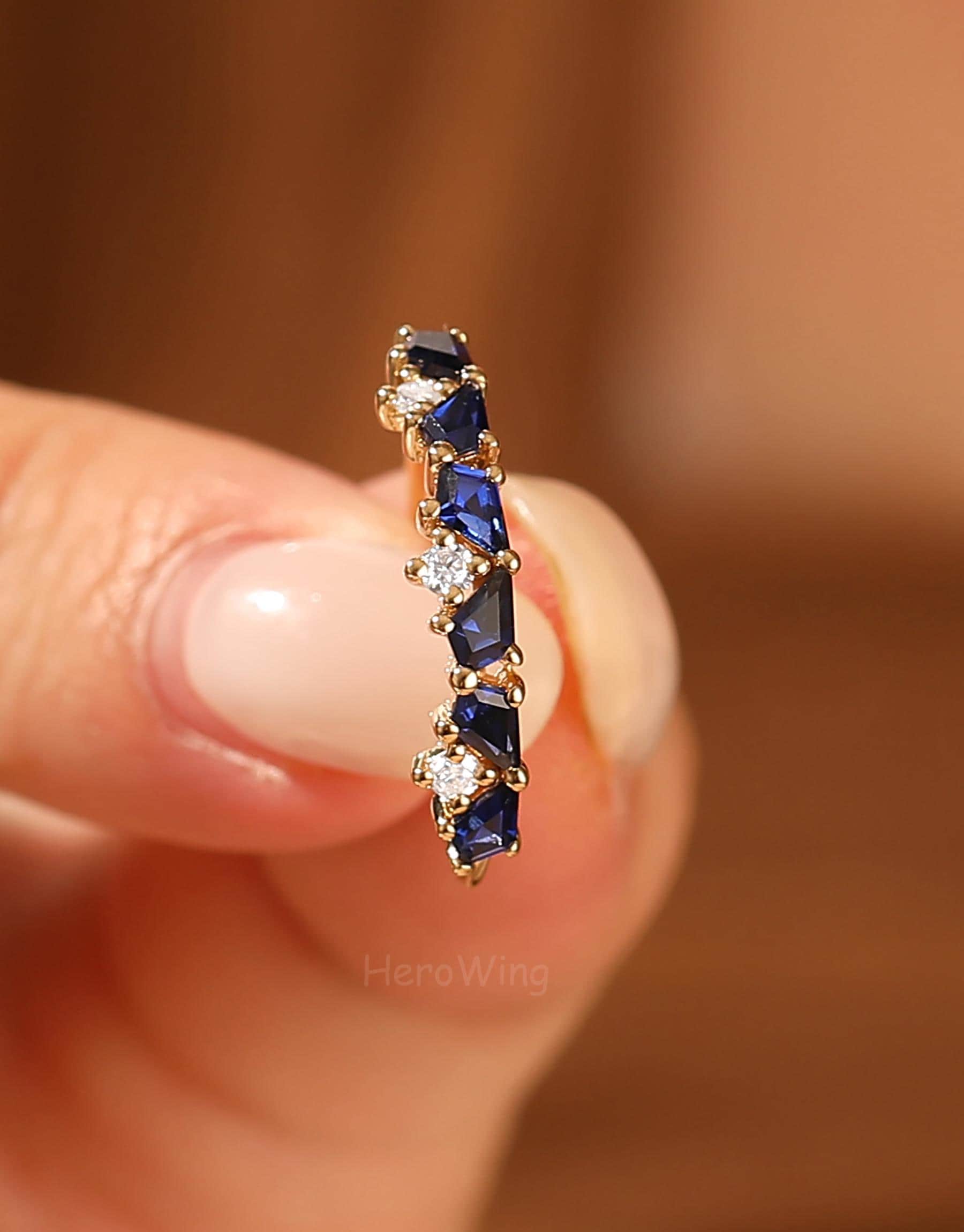 Solid Gold Minimalist Sapphire Wedding Band Diamond Sapphire Ring Cluster Ring for Women Blue Gemstone Thin Stacking 10k/14k Real Gold