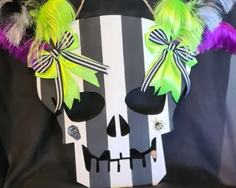 Gorgeous Large Skull Wall Hanger - Stripey and Bows