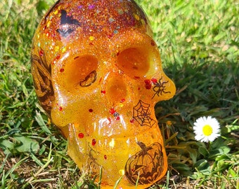 Gorgeous Glittery Pumpkin Resin Skull - No6