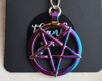 Dark Arts Inverted Pentacle Rainbow Key Ring - Bag Charm - Key Chain.