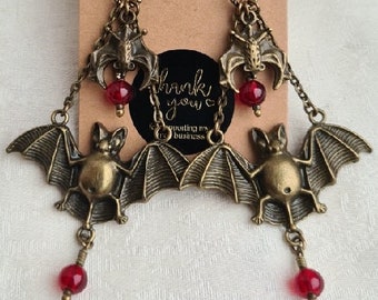 Gorgeous Large Ornate Bat Charm Earrings - Antique Bronze Tones.