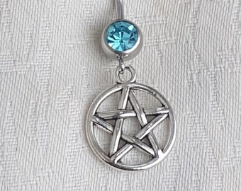 Gorgeous Aqua Blue Crystal and Pentacle Charm Curved Belly Bar