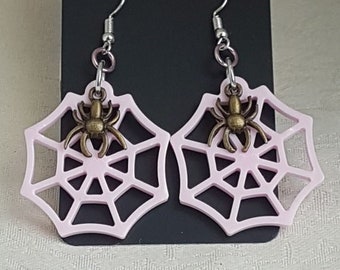 Cute Pink Spider Web and Spider Charm Earrings.