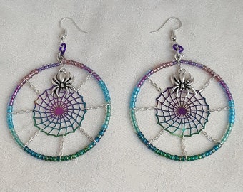 Creepy Cute Rainbow Spiderweb Beady Earrings.