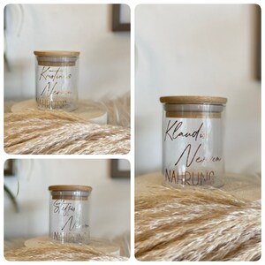 Personalisiertes Vorratsglas mit Bambusdeckel / Holzdeckel 4 Größen Glasbehälter Aufbewahrung für die Küche Keksdose Cookies Tee Bild 7