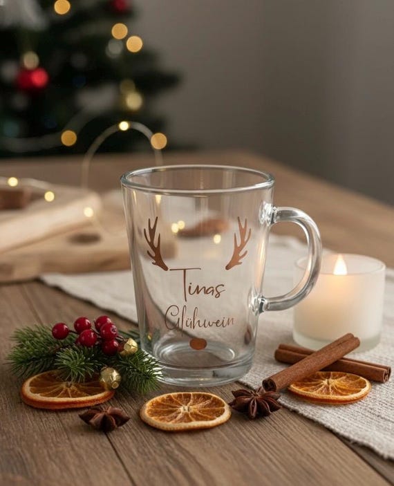 Personalisiertes Glühweinglas mit Namen | Weihnachten | Teetasse | Rentier | Glühwein