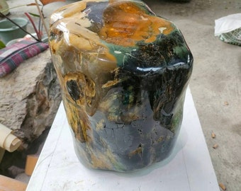 May include: A large, irregularly shaped piece of petrified wood with a smooth, polished surface. The wood is a mix of black, brown, green, and yellow colours.