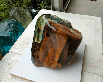 10.5kg(H020) Dimensions: (21x20)cm Beautiful mix colours "green brown yellow" of agatized petrified wood full polished surface.