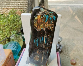 20.6kg(G006) Blue Green Black Tower (height 49cm, wide 17cm) of Agatized petrified wood full polished surface rare collection limited.