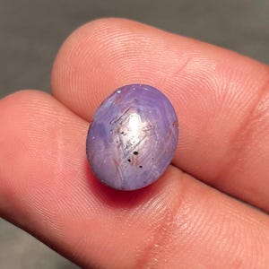 May include: Oval-shaped, purplish-blue gemstone with a star-like effect. The polished surface reflects light, creating a starburst pattern. The gem has a smooth, rounded shape and is held by a person's fingers.