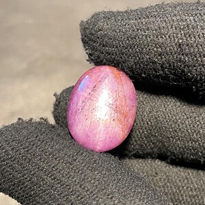 Peut inclure: Une petite pierre précieuse ovale rose avec des stries bleues et rouges. La pierre polie est tenue dans un gant noir, mettant en valeur sa surface lisse et ses variations de couleur. La pierre mesure environ 2,5 cm de long.
