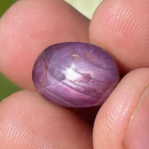 May include: A polished, oval-shaped, purplish-red gemstone. The gem has a smooth, reflective surface with subtle internal striations. The stone is held between fingers, with a blurred green and white background.