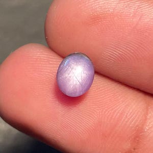 Può includere: Una piccola gemma ovale di colore lavanda. La gemma presenta un motivo a stella visibile sulla sua superficie. La pietra è tenuta tra due dita, mostrando le sue dimensioni e il suo colore. La gemma appare lucida e liscia.