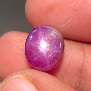 May include: A polished, oval ruby gemstone. The gem is a deep pinkish-red colour with a star-like effect visible on its surface. The stone is held between two fingers, showcasing its size and shape.