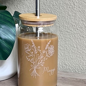 Wildflower Personalized Iced Coffee Cup, Soda Can Glass With Lid And Straw, Gift For Her,