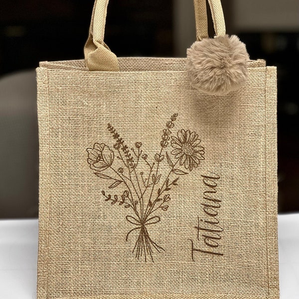 Personalized Bridesmaid Burlap Tote, Engraved Jude Beach Tote Bag, Party Favor Gift Bag With Name,