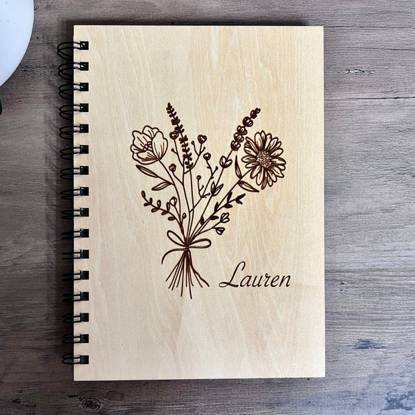 Personalized Wood Notebook, Engraved Flower Journal for Gifting,