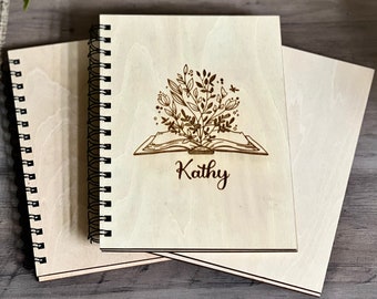 Personalized Wood Notebook, Engraved Open Book and Flowers Journal for Gifting,