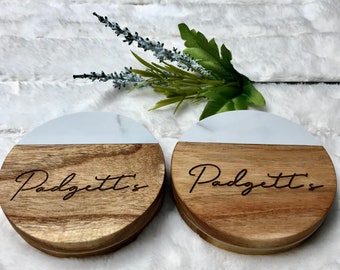 Personalized Wood Marble Coasters, Custom Engraved Wedding Gift, Housewarming Gift,