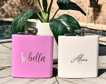 Girl Flask Personalized With Name, Engraved Bridesmaid Gift, Fun Party Favor,