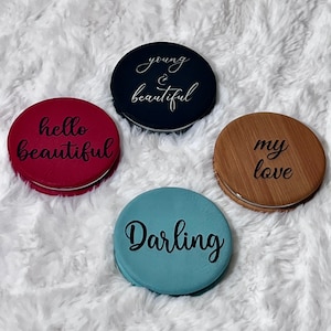 Personalized Compact Mirror, Vegan Leather Pocket Mirror, Engraved Bridesmaid Gift,