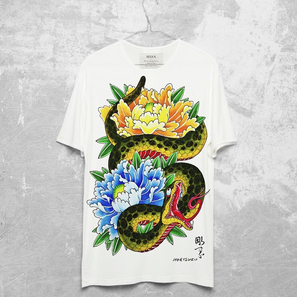 T-shirt pour homme en Viscose de qualité supérieure avec un imprimé Snake coloré inspiré de l’art du tatouage japonais, cadeau parfait pour lui