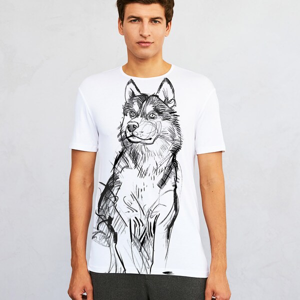 Camisetas de hombre en colores con estampado Siberian Husky Dog fabricadas en viscosa de primera calidad en Polonia, diseñadas por artista polaco, boceto en líneas