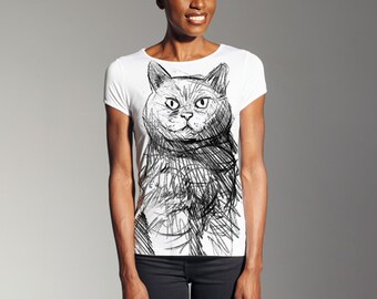 British Shorthair in black lines on Women's T-shirt made of Premium quality viscose, Perfect gift for cat lovers, Designed by Polish artist