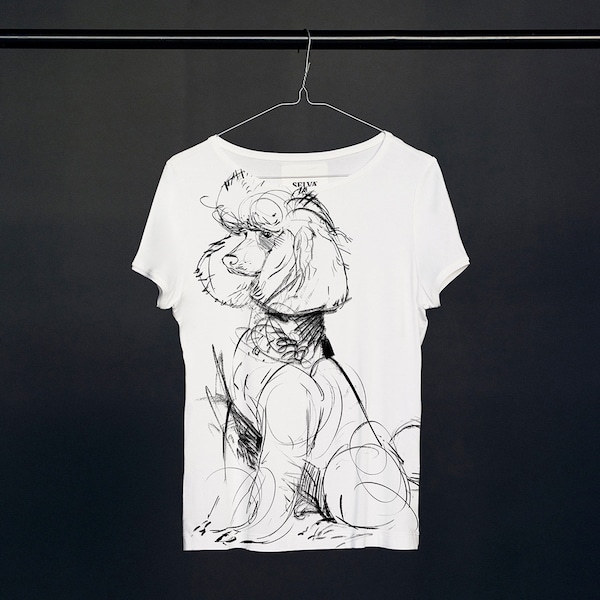 Poodle Dog in black lines painted by Polish artist printed on Women's T-shirt made of Premium Quality Viscose, Original gift for dog lovers!