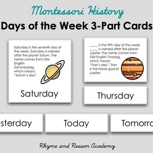 Days of the Week Elementary 3-Part Cards Montessori Nomenclature Cards- Instant Download PDF, Homeschool History Printable