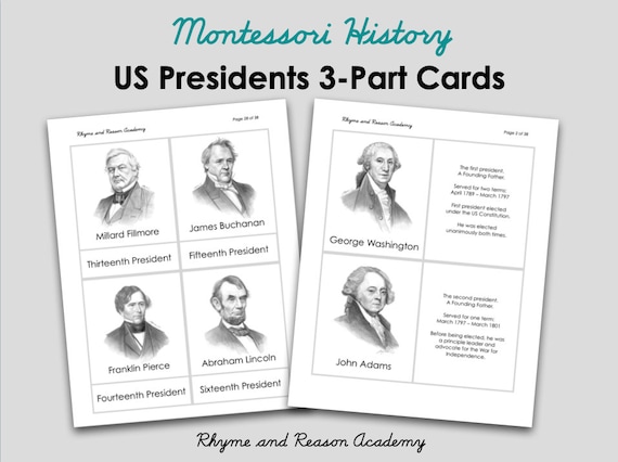 US Presidents Elementary 3-part Cards Montessori History