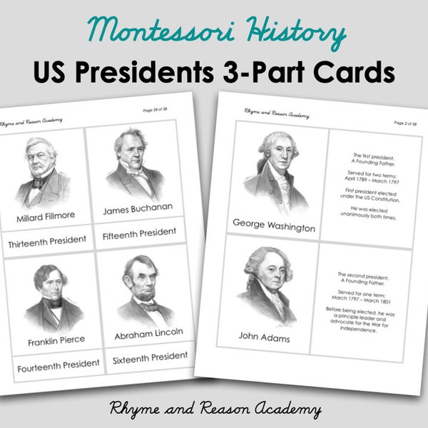 US Presidents Elementary 3-Part Cards - Montessori History Nomenclature Cards- Instant Download PDF, Homeschool Printable, US History