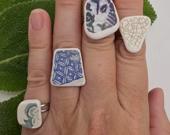 Adjustable Sea Pottery Ring: Scottish Coastal Jewelry, Silver Plated