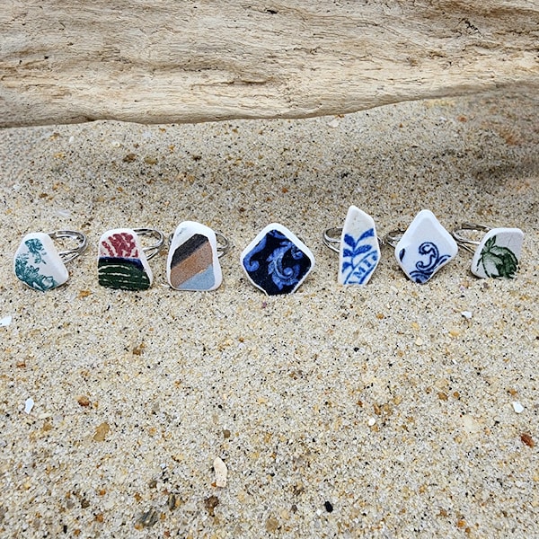 Sea Pottery Rings | Genuine Sea Pottery Jewelry | Scottish Sea Pottery Jewelry | Beach Lover Gift | Adjustable Sea Pottery Rings