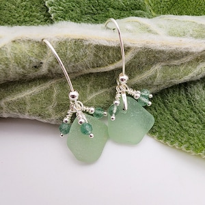 Seafoam Sea Glass and Gemstone Dangle Earrings | Sterling Silver | Ocean-Inspired Jewelry | Genuine Sea Glass Gift
