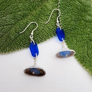 Blue Sea Glass and Limpet Shell Earrings | Sterling Silver Dangle Earrings | Cobalt and Cornflower Sea Glass Jewelry | Beach Lover Gift