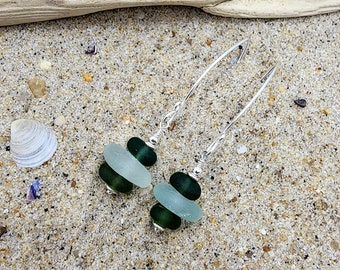 Green and Aqua Sea Glass Earrings | Genuine Sea Glass Earrings | Long Silver Stacked Sea Glass Earrings | Seaham Sea Glass Earrings