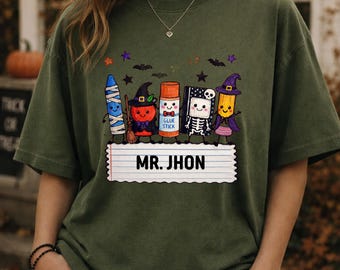Custom Name Teacher Shirt For Halloween, Spooky Teacher Tee,Halloween Gift School Supplies Tee,  Class Room Shirts,Fall Teacher Outfit