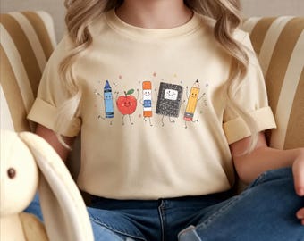 Cute School Supplies Shirt, Crayon Pencil Notebook Tee, Back To School Teacher Adult Youth Shirt, Kindergarten Teacher Gift