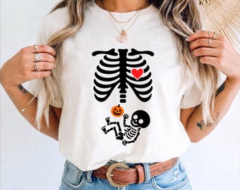 Skeleton Halloween Maternity Sweatshirt, Mom to Be Skeleton Pregnant Shirt, Pregnancy Announcement T-Shirt Baby Rib Cage shirt,