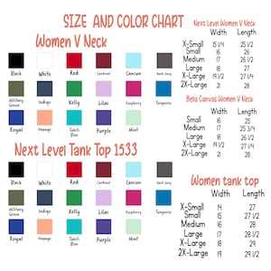 May include: Size and color chart for women's V-neck and tank tops. The chart includes measurements for different sizes, including X-Small, Small, Medium, Large, X-Large, and 2X-Large. The chart also includes a color palette with names like Black, White, Red, Cardinal, Cancun, Dark Grey, Military Green, Indigo, Kelly, Lilac, Raspberry, Turquoise, Royal, Orange, Tahiti Blue, Purple, and Mint.