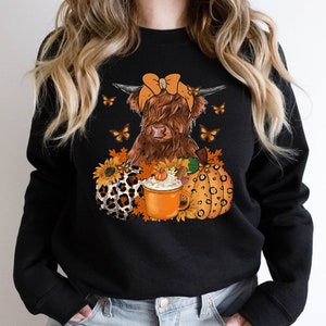 Koszula jesienna Highland Cow, koszula z dynią jesienną retro, koszula jesienna, miłość do jesieni, jesień jest moją ulubioną, koszulki na Halloween