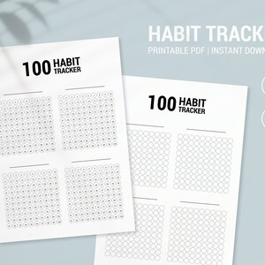 Pode incluir: Duas folhas brancas de rastreamento de hábitos com o texto "100 Habit Tracker" e uma grade de 100 círculos. O texto "Habit Tracker Printable PDF | Instant Download" também é visível. As folhas são rotuladas A4 e A5.