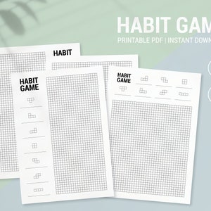 Puede incluir: Cuatro hojas blancas imprimibles para el seguimiento de hábitos, con un patrón de cuadrícula y las palabras "HABIT GAME" en negro. Las hojas también incluyen el texto "PRINTABLE PDF | INSTANT DOWNLOAD" y etiquetas de tamaño A4 y A5.