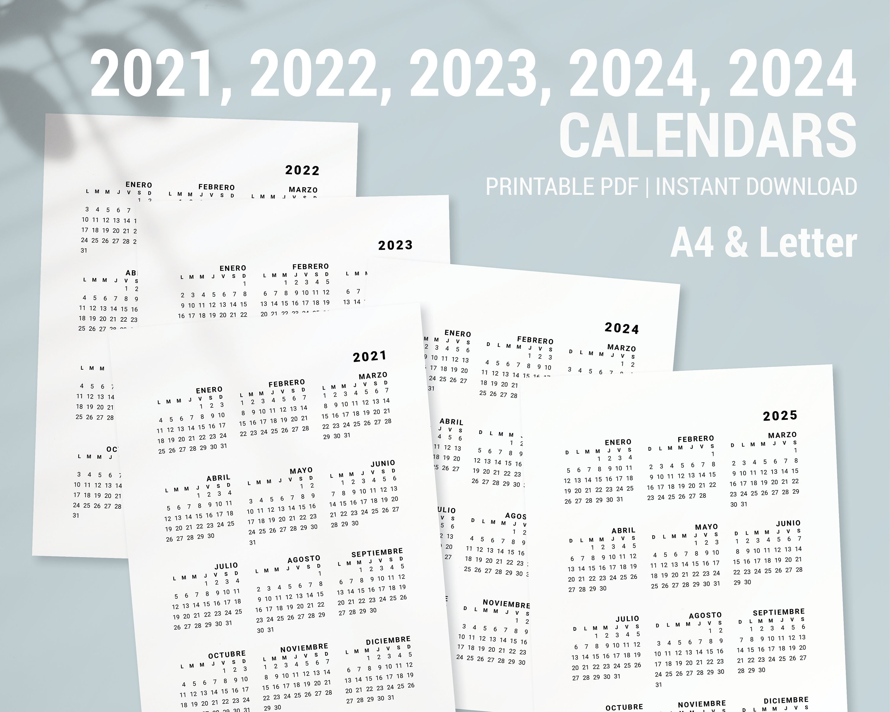 2021 2025 yearly spanish calendar printable 2021 2022 etsy