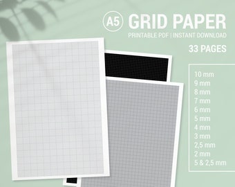 11 A5 PDF Various Grid Size Grey Graph Paper | Printable Gray Writing Paper Blank Notes | Study Note Template | Dark Calligraphy Sheet